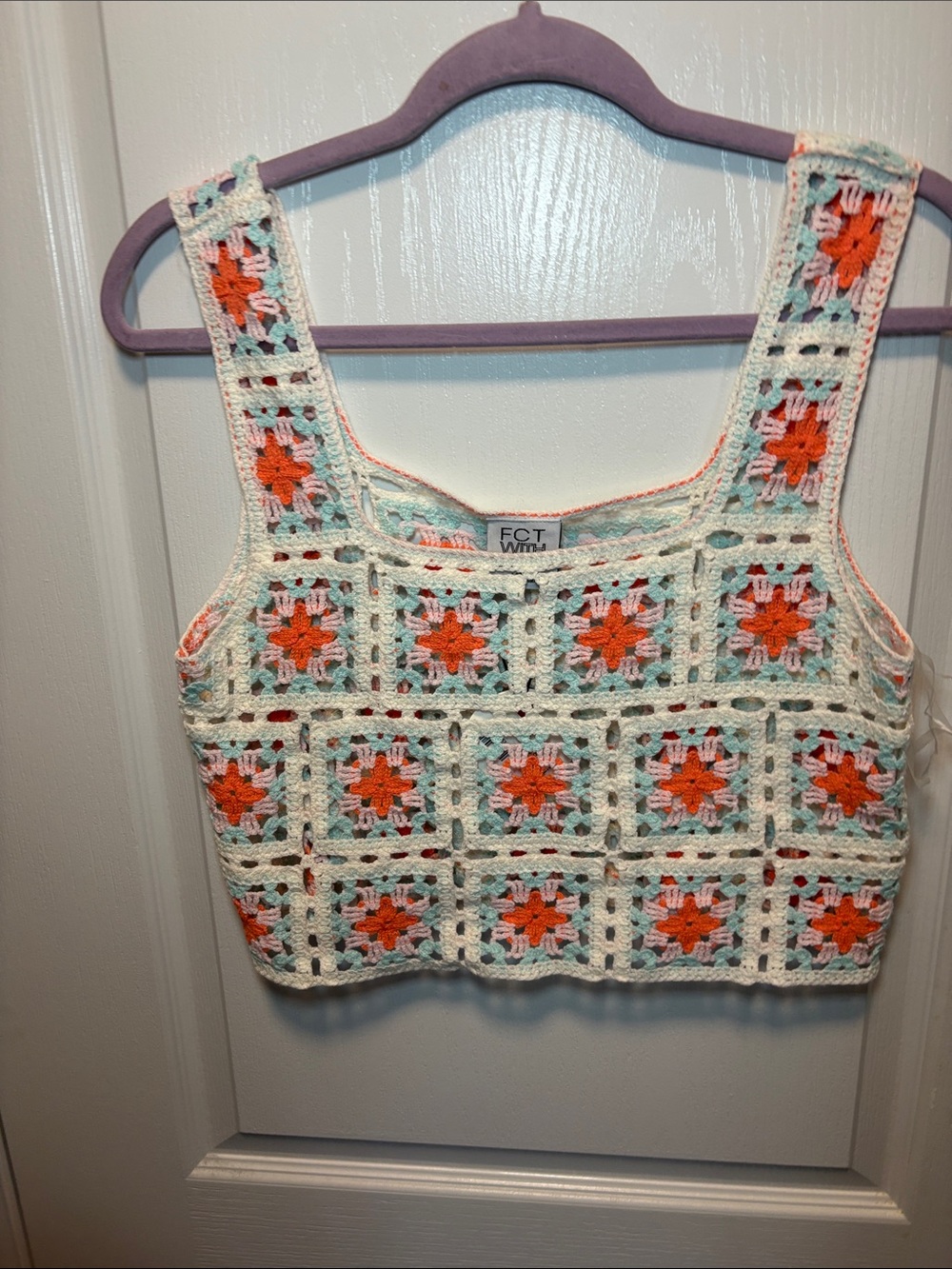 FCT WTR Crochet Square Crop Top in White with Orange & Mint